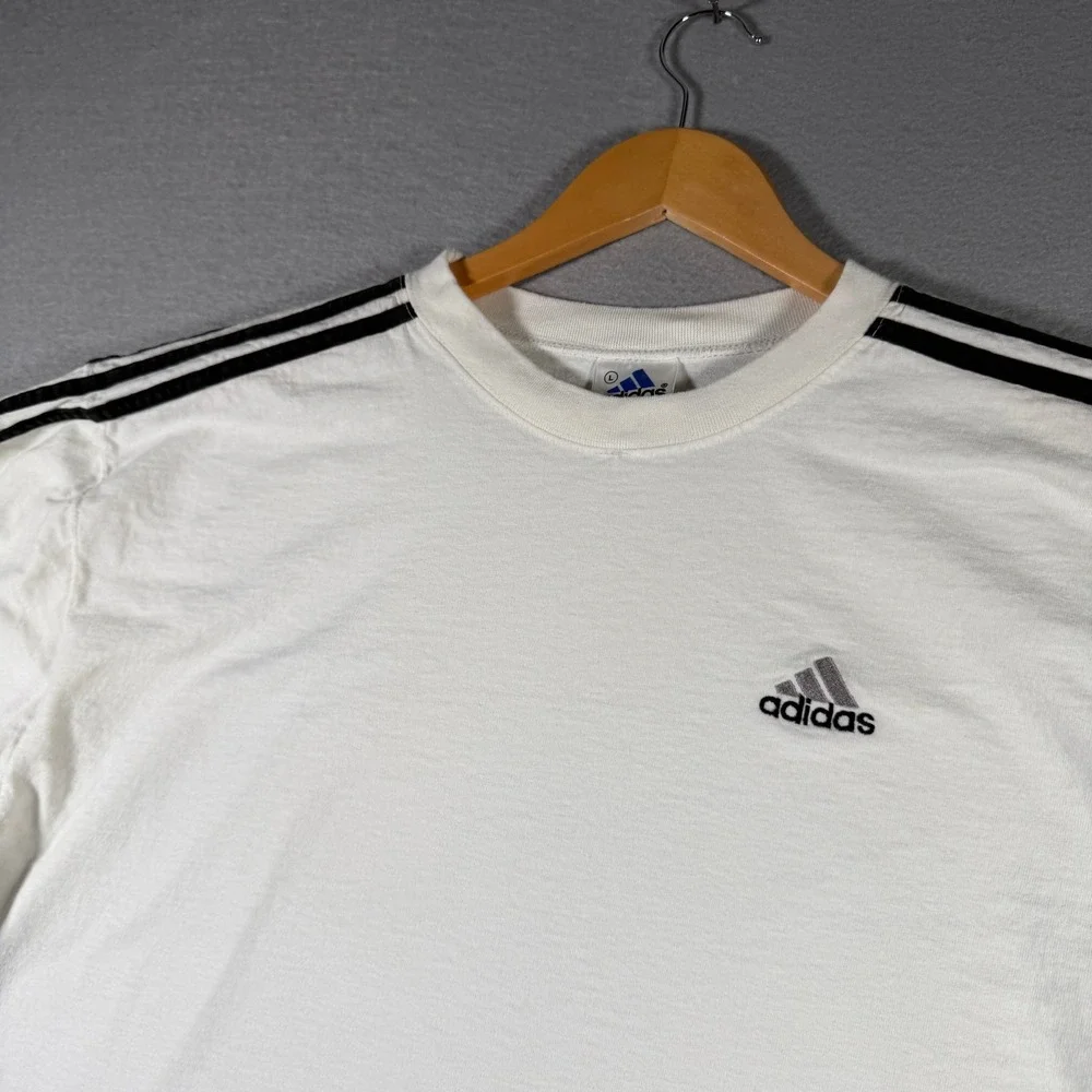 Adidas Vintage 90s Long Sleeve T-Shirt White Black 3 Stripe Made in USA Mens L‎